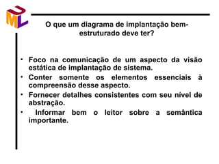 O que um diagrama de implantação bem-estruturado deve ter? Foco na comunicação de um aspecto da visão estática de implantação de sistema. Conter somente os elementos essenciais à compreensão desse aspecto. Fornecer detalhes consistentes com seu nível de abstração. Informar bem o leitor sobre a semântica importante. 