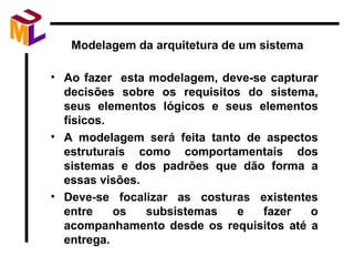 Modelagem da arquitetura de um sistema Ao fazer  esta modelagem, deve-se capturar decisões sobre os requisitos do sistema, seus elementos lógicos e seus elementos físicos. A modelagem será feita tanto de aspectos estruturais como comportamentais dos sistemas e dos padrões que dão forma a essas visões. Deve-se focalizar as costuras existentes entre os subsistemas e fazer o acompanhamento desde os requisitos até a entrega. 
