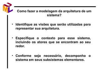 Como fazer a modelagem da arquitetura de um sistema? Identifique as visões que serão utilizadas para representar sua arquitetura. Especifique o contexto para esse sistema, incluindo os atores que se encontram ao seu redor. Conforme seja necessário, decomponha o sistema em seus subsistemas elementares. 
