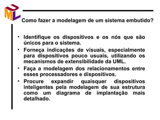Como fazer a modelagem de um sistema embutido? Identifique os dispositivos e os nós que são únicos para o sistema. Forneça indicações de visuais, especialmente para dispositivos pouco usuais, utilizando os mecanismos de extensibilidade da UML. Faça a modelagem dos relacionamentos entre esses processadores e dispositivos. Procure expandir quaisquer dispositivos inteligentes pela modelagem de sua estrutura como um diagrama de implantação mais detalhado. 