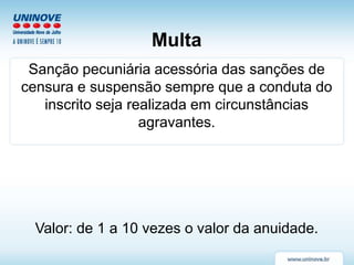 Multa
Sanção pecuniária acessória das sanções de
censura e suspensão sempre que a conduta do
inscrito seja realizada em circunstâncias
agravantes.
Valor: de 1 a 10 vezes o valor da anuidade.
 