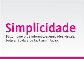 Simplicidade
Baixo número de informações/unidades visuais.
Leitura rápida e de fácil assimilação.
 