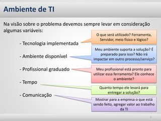 Ambiente de TI
Na visão sobre o problema devemos sempre levar em consideração
algumas variáveis:
                                       O que será utilizado? Ferramenta,
                                         Servidor, meio físico e lógico?
      - Tecnologia implementada
                                       Meu ambiente suporta a solução? É
                                         preparado para isso? Não irá
      - Ambiente disponível           impactar em outro processo/serviço?

      - Profissional graduado          Meu profissional está pronto para
                                      utilizar essa ferramenta? Ele conhece
                                                    o ambiente?
      - Tempo
                                         Quanto tempo ele levará para
                                             entregar a solução?
      - Comunicação
                                       Mostrar para a empresa o que está
                                      sendo feito, agregar valor ao trabalho
                                                       da TI
                                                                         5
 