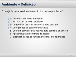 Ambiente – Definição
O que já foi desenvolvido na solução dos nossos problemas?

       1- Desenhar um novo ambiente
       2- Instalar um ou dois servidores
       3- Denominar usuários de acesso para cada um
       4- Criar grupos de controle de acesso
       5- Criar um servidor de arquivos para controle de acesso
       6- Aplicar regras de controle de acesso
       7- Bloquear a ação de funcionários mal intencionados




                                                                  64
 