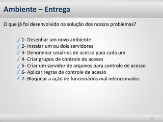 Ambiente – Entrega
O que já foi desenvolvido na solução dos nossos problemas?

       1- Desenhar um novo ambiente
       2- Instalar um ou dois servidores
       3- Denominar usuários de acesso para cada um
       4- Criar grupos de controle de acesso
       5- Criar um servidor de arquivos para controle de acesso
       6- Aplicar regras de controle de acesso
       7- Bloquear a ação de funcionários mal intencionados




                                                                  89
 