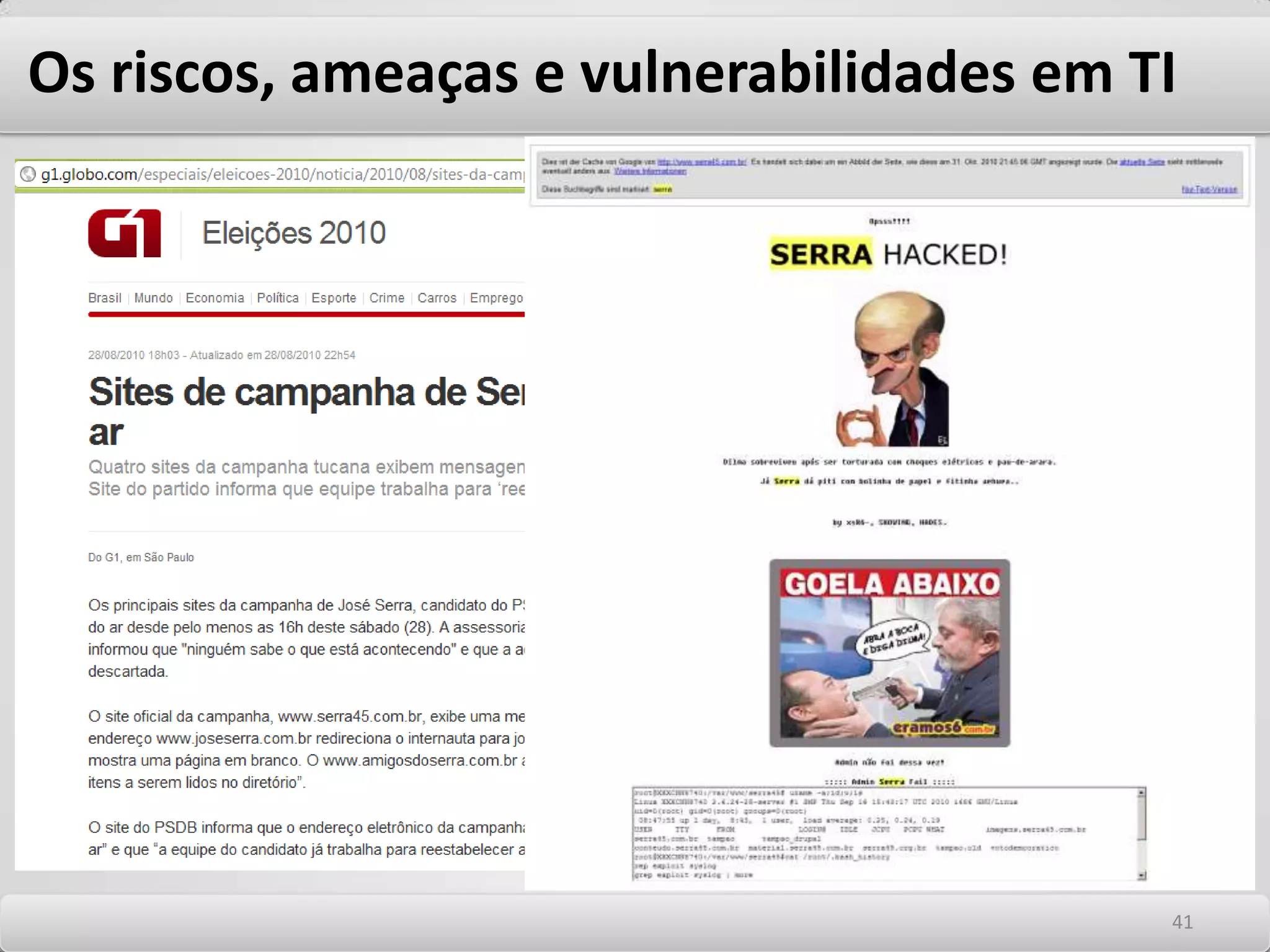 Os riscos, ameaças e vulnerabilidades em TI PacketSniffingEste método também é conhecido como “Passive Eavesdropping” (Escuta passiva). Ele consiste em escutar o tráfego de rede através de Software de Sniffers, livremente obtidos na Internet. As informações capturadas são aquelas disponíveis no mesmo segmento de rede a partir do qual o software está sendo executado. Senhas que trafegam abertamente pela rede, como as de serviços como FTP, Telnet e POP, podem ser facilmente obtidas. Medidas de segurança tais como segmentação de redes em perímetros específicos com Roteadores ou Firewall´s minimizam estes riscos. O uso de protocolos de criptografia tais como S/MIME para e-Mail, o IPSec em quaisquer tráfegos de pacotes e do SSH ( Security Shell ) no lugar do telnet é uma importante medida de prevenção contra Sniffing. Há ainda algumas técnicas de detecção de Sniffing tais como MAC Detection, DNS Detection, e LoadDetection. Esta técnica é também utilizada hoje para obter dados em redes Wireless. PortScanningOs Port Scanner são software´s que utilizam prospecção dos serviços que são acessíveis e definidos por meio de mapeamento das portas TCP e UDP. Com as informações obtidas através do PortScanning o atacante pode explorar diretamente os serviços disponíveis, economizando esforços em ataques a serviços inexistentes. O “Nmap” é o utilitário de port Scanner mais largamente utilizado e poderoso. 3737