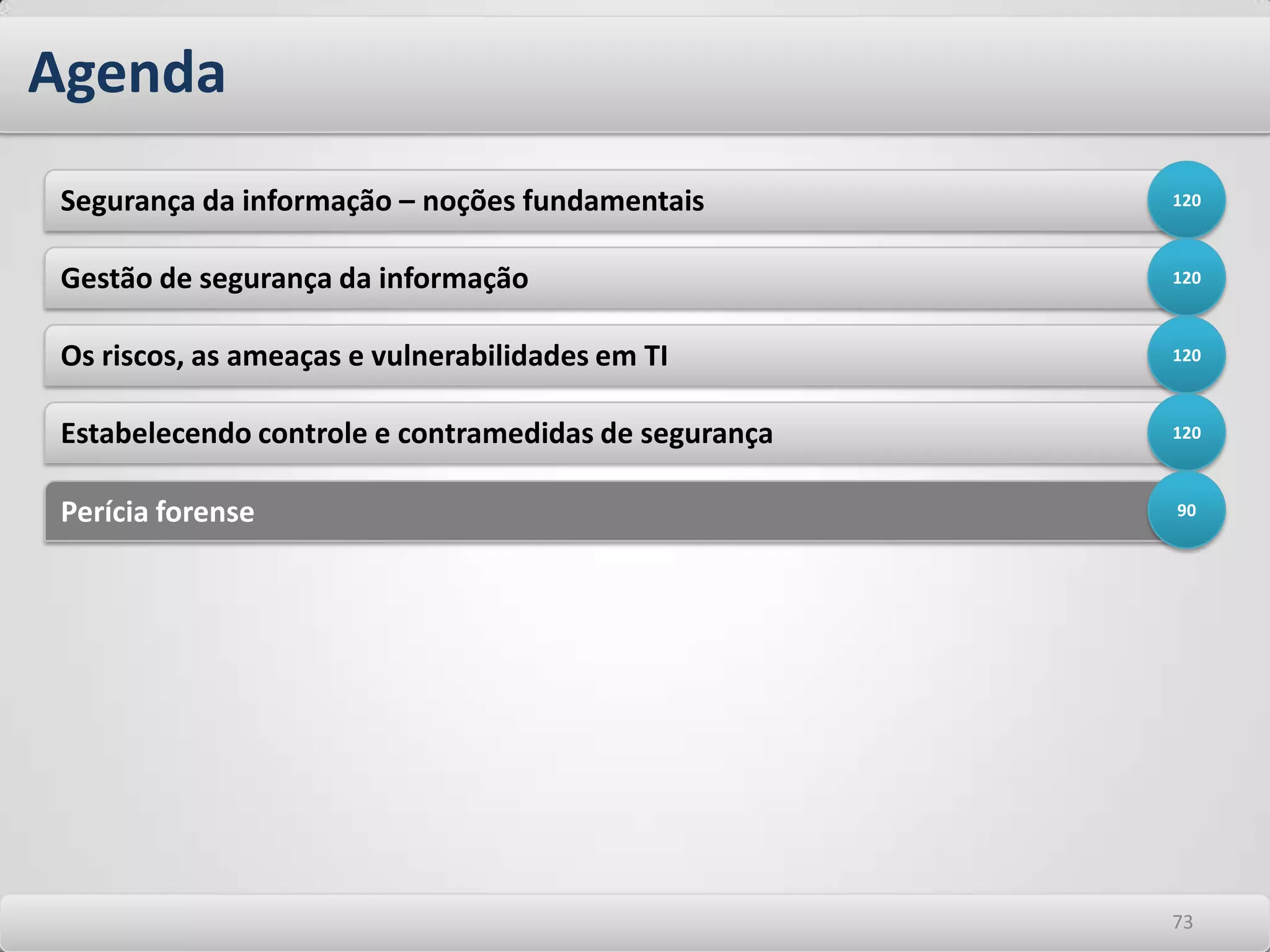 Estabelecendo controle e contramedidas de segurança Estrutura de armazenamento e salvaguarda de informações Definição dos termos: -Contingência tecnológica – garantia da continuidade dos serviços na ocorrência de uma falha. -Backup – capacidade de salvaguarda e recuperação de dados referentes a um contexto anterior 6969