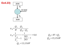 Ex4.23)
303K
QH
263K
W=2kW
QL
η R=
QL
W
=
QL
QH QL
η R=
1
T H
T L
1
=
1
303
263
1
=6,6
QL =13,15kW
QH=W QL
QH
=15,15kW
 