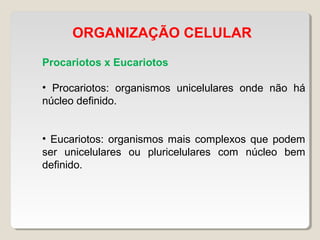ORGANIZAÇÃO CELULAR
Procariotos x Eucariotos
• Procariotos: organismos unicelulares onde não há
núcleo definido.
• Eucariotos: organismos mais complexos que podem
ser unicelulares ou pluricelulares com núcleo bem
definido.
 