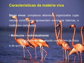 Características da matéria viva
Seres vivos: complexos altamente organizados cujas
células constituintes apresentam estruturas internas, e
moléculas complexas.
• Moléculas – individualmente
- comportamento em acordo com as leis da física
e da química.
 