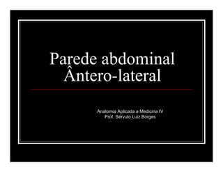 Parede abdominal
Ântero-lateral
Anatomia Aplicada a Medicina IV
Prof. Sérvulo Luiz Borges
 