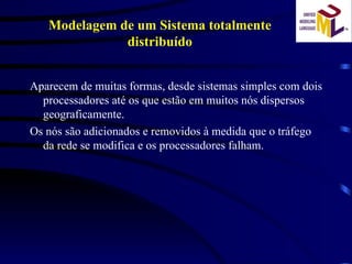 Modelagem de um Sistema totalmente distribuído Aparecem de muitas formas, desde sistemas simples com dois processadores até os que estão em muitos nós dispersos geograficamente.  Os nós são adicionados e removidos à medida que o tráfego da rede se modifica e os processadores falham. 