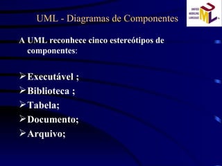 UML - Diagramas de Componentes A   UML reconhece cinco estereótipos de componentes : Executável ; Biblioteca ; Tabela; Documento; Arquivo; 