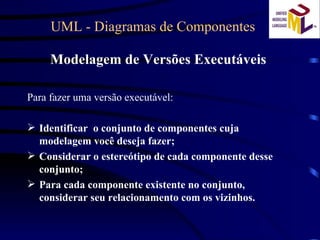 UML - Diagramas de Componentes  Modelagem de Versões Executáveis  Para fazer uma versão executável: Identificar  o conjunto de componentes cuja modelagem você deseja fazer; Considerar o estereótipo de cada componente desse conjunto; Para cada componente existente no conjunto, considerar seu relacionamento com os vizinhos. 