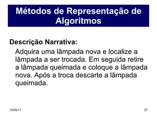 Métodos de Representação de Algoritmos Descrição Narrativa: Adquira uma lâmpada nova e localize a lâmpada a ser trocada. Em seguida retire a lâmpada queimada e coloque a lâmpada nova. Após a troca descarte a lâmpada queimada. 