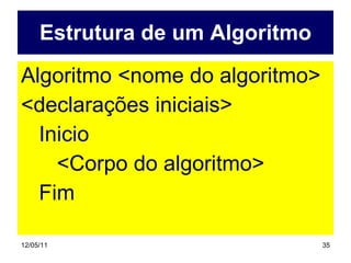 Estrutura de um Algoritmo Algoritmo <nome do algoritmo> <declarações iniciais> Inicio <Corpo do algoritmo> Fim 