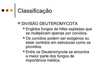 Classificação
 DIVISÃO DEUTEROMYCOTA
Engloba fungos de hifas septadas que
se multiplicam apenas por conídios.
Os conídios podem ser exógenos ou
estar contidos em estruturas como os
picnídios.
Entre os Deuteromycota se encontra
a maior parte dos fungos de
importância médica.
 