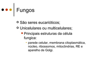 Fungos
 São seres eucarióticos;
 Unicelulares ou multicelulares;
Principais estruturas da célula
fungica:
• parede celular, membrana citoplasmática,
núcleo, ribossomos, mitocôndrias, RE e
aparelho de Golgi.
 