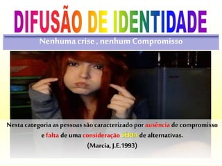 Nenhuma crise, nenhum Compromisso
Nesta categoria as pessoas são caracterizado por ausência de compromisso
e falta de uma consideração SÉRIA de alternativas.
(Marcia, J.E.1993)
 