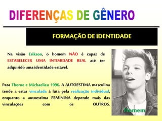 FORMAÇÃO DE IDENTIDADE
Homem
Para Thorne e Michaelieu 1996. A AUTOESTIMA masculina
tende a estar vinculada á luta pela realização individual,
enquanto a autoestima FEMININA depende mais das
vinculações com os OUTROS.
Na visão Erikson, o homem NÃO é capaz de
ESTABELECER UMA INTIMIDADE REAL até ter
adquirido uma identidade estável.
 