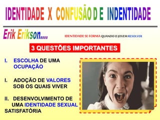 I. ESCOLHA DE UMA
OCUPAÇÃO
I. ADOÇÃO DE VALORES
SOB OS QUAIS VIVER
II. DESENVOLVIMENTO DE
UMA IDENTIDADE SEXUAL
SATISFATÓRIA
IDENTIDADESEFORMA QUANDOO JOVEM RESOLVER
3 QUESTÕES IMPORTANTES
 