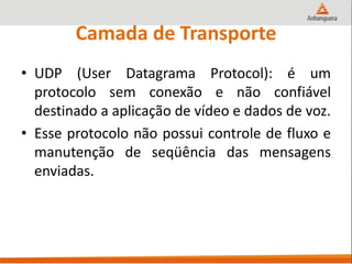 Camada de Transporte
• UDP (User Datagrama Protocol): é um
protocolo sem conexão e não confiável
destinado a aplicação de vídeo e dados de voz.
• Esse protocolo não possui controle de fluxo e
manutenção de seqüência das mensagens
enviadas.
 