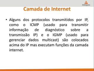 Camada de Internet
• Alguns dos protocolos transmitidos por IP,
como o ICMP (usado para transmitir
informação de diagnóstico sobre a
transmissão IP) e o IGMP (usado para
gerenciar dados multicast) são colocados
acima do IP mas executam funções da camada
internet.
 