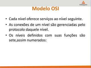 Modelo OSI
• Cada nível oferece serviços ao nível seguinte.
• As conexões de um nível são gerenciadas pelo
protocolo daquele nível.
• Os níveis definidos com suas funções são
sete,assim numerados:
 