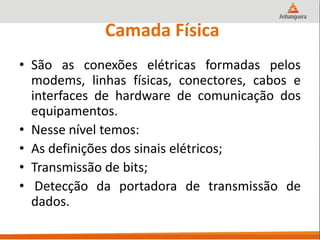 Camada Física
• São as conexões elétricas formadas pelos
modems, linhas físicas, conectores, cabos e
interfaces de hardware de comunicação dos
equipamentos.
• Nesse nível temos:
• As definições dos sinais elétricos;
• Transmissão de bits;
• Detecção da portadora de transmissão de
dados.
 