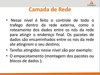 Camada de Rede
• Nesse nível é feito o controle de todo o
trafego dentro da rede externa, como o
roteamento dos dados entre os nós da rede
para atingir o endereço final. Os pacotes de
dados são encaminhados entre os nos da rede
ate atingirem o seu destino;
• Tarefas atingidas nesse nível são por exemplo:
• O empacotamento (montagem dos pacotes ou
blocos de dados );
 