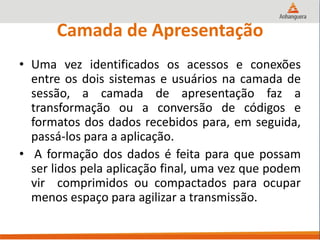 Camada de Apresentação
• Uma vez identificados os acessos e conexões
entre os dois sistemas e usuários na camada de
sessão, a camada de apresentação faz a
transformação ou a conversão de códigos e
formatos dos dados recebidos para, em seguida,
passá-los para a aplicação.
• A formação dos dados é feita para que possam
ser lidos pela aplicação final, uma vez que podem
vir comprimidos ou compactados para ocupar
menos espaço para agilizar a transmissão.
 