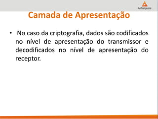 Camada de Apresentação
• No caso da criptografia, dados são codificados
no nível de apresentação do transmissor e
decodificados no nível de apresentação do
receptor.
 