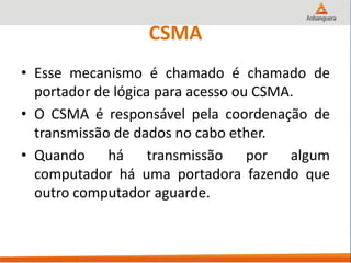 CSMA
• Esse mecanismo é chamado é chamado de
portador de lógica para acesso ou CSMA.
• O CSMA é responsável pela coordenação de
transmissão de dados no cabo ether.
• Quando há transmissão por algum
computador há uma portadora fazendo que
outro computador aguarde.
 
