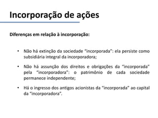 Incorporação de ações
Diferenças em relação à incorporação:
• Não há extinção da sociedade “incorporada”: ela persiste como
subsidiária integral da incorporadora;
• Não há assunção dos direitos e obrigações da “incorporada”
pela “incorporadora”: o patrimônio de cada sociedade
permanece independente;
• Há o ingresso dos antigos acionistas da “incorporada” ao capital
da “incorporadora”.
 