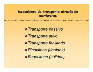 Mecanismos de transporte através de
membranas
Transporte passivo
Transporte ativo
Transporte facilitado
Pinocitose (líquidos)
Fagocitose (sólidos)
 