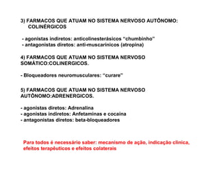 4) FARMACOS QUE ATUAM NO SISTEMA NERVOSO
SOMÁTICO:COLINERGICOS.
- Bloqueadores neuromusculares: “curare”
5) FARMACOS QUE ATUAM NO SISTEMA NERVOSO
AUTÔNOMO:ADRENERGICOS.
- agonistas diretos: Adrenalina
- agonistas indiretos: Anfetaminas e cocaína
- antagonistas diretos: beta-bloqueadores
3) FARMACOS QUE ATUAM NO SISTEMA NERVOSO AUTÔNOMO:
COLINÉRGICOS
- agonistas indiretos: anticolinesterásicos “chumbinho”
- antagonistas diretos: anti-muscarínicos (atropina)
Para todos é necessário saber: mecanismo de ação, indicação clinica,
efeitos terapêuticos e efeitos colaterais
 