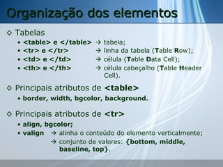 Organização dos elementos
◊ Tabelas
•
•
•
•

<table> e </table>
<tr> e </tr>
<td> e </td>
<th> e </th>






tabela;
linha da tabela (Table Row);
célula (Table Data Cell);
célula cabeçalho (Table Header
Cell).

◊ Principais atributos de <table>
• border, width, bgcolor, background.

◊ Principais atributos de <tr>
• align, bgcolor;
• valign  alinha o conteúdo do elemento verticalmente;
 conjunto de valores: {bottom, middle,
baseline, top}.

 
