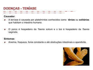 Causador:
A teníase é causada por platelmintos conhecidos como tênias ou solitárias
que habitam o intestino humano.
O porco é hospedeiro da Taenia solium e o boi é hospedeiro da Taenia
saginata.
Sintomas:
Anemia, fraqueza, fome constante e até obstruções intestinais e apendicite.
 