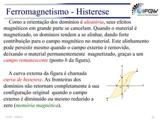 Como a orientação dos domínios é aleatória, seus efeitos
magnéticos em grande parte se cancelam. Quando o material é
magnetizado, os domínios tendem a se alinhar, dando forte
contribuição para o campo magnético no material. Este alinhamento
pode persistir mesmo quando o campo externo é removido,
deixando o material permanentemente magnetizado, graças a um
campo remanescente (ponto b da figura).
A curva externa da figura é chamada
curva de histerese. As fronteiras dos
domínios não retornam completamente à sua
configuração original quando o campo
externo é diminuído ou mesmo reduzido a
zero (memória magnética).
Ferromagnetismo - Histerese
F328 – 1S2014 16
 