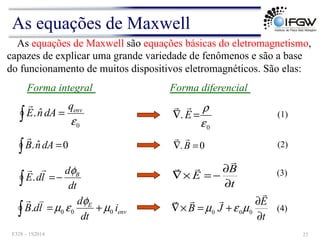 As equações de Maxwell são equações básicas do eletromagnetismo,
capazes de explicar uma grande variedade de fenômenos e são a base
do funcionamento de muitos dispositivos eletromagnéticos. São elas:
Forma integral Forma diferencial
∫ =
0
ˆ
.
ε
env
q
dA
n
E
!
∫ =0
ˆ
. dA
n
B
!
∫ −
=
dt
d
l
d
E B
φ
!
!
.
env
E
i
dt
d
l
d
B 0
0
0
. µ
φ
ε
µ +
=
∫
!
"
0
.
ε
ρ
=
∇ E
!
!
t
B
E
∂
∂
−
=
×
∇
!
!
!
t
E
J
B
∂
∂
+
=
×
∇
!
!
!
!
0
0
0 µ
ε
µ
(1)
(2)
(3)
(4)
0
. =
∇ B
!
!
As equações de Maxwell
F328 – 1S2014 23
 