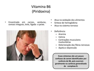 Vitamina B6
(Piridoxina)
• Encontrada em carnes, verduras,
cereais integrais, leite, fígado e peixe.
• Atua na oxidação dos alimentos
• Síntese de hemoglobina
• Atua no sistema nervoso
• Deficiência:
– Anemia
– Inércia
– Contrações musculares
involuntárias
– Deterioração das fibras nervosas
– Apatia e depressão
Esses sintomas são um pouco
confusos de serem identificados por
carência de B6, pois ocorrem
geralmente na carência generalizada
do complexo B.
 