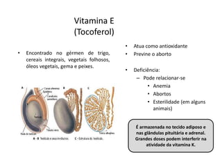Vitamina E
(Tocoferol)
• Encontrado no gérmen de trigo,
cereais integrais, vegetais folhosos,
óleos vegetais, gema e peixes.
• Atua como antioxidante
• Previne o aborto
• Deficiência:
– Pode relacionar-se
• Anemia
• Abortos
• Esterilidade (em alguns
animais)
É armazenada no tecido adiposo e
nas glândulas pituitária e adrenal.
Grandes doses podem interferir na
atividade da vitamina K.
 