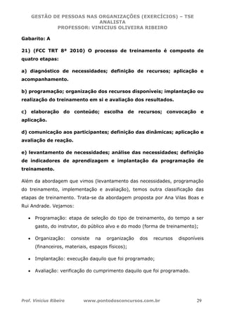 GESTÃO DE PESSOAS NAS ORGANIZAÇÕES (EXERCÍCIOS) – TSE
ANALISTA
PROFESSOR: VINICIUS OLIVEIRA RIBEIRO
Prof. Vinicius Ribeiro www.pontodosconcursos.com.br 29
Gabarito: A
21) (FCC TRT 8ª 2010) O processo de treinamento é composto de
quatro etapas:
a) diagnóstico de necessidades; definição de recursos; aplicação e
acompanhamento.
b) programação; organização dos recursos disponíveis; implantação ou
realização do treinamento em si e avaliação dos resultados.
c) elaboração do conteúdo; escolha de recursos; convocação e
aplicação.
d) comunicação aos participantes; definição das dinâmicas; aplicação e
avaliação de reação.
e) levantamento de necessidades; análise das necessidades; definição
de indicadores de aprendizagem e implantação da programação de
treinamento.
Além da abordagem que vimos (levantamento das necessidades, programação
do treinamento, implementação e avaliação), temos outra classificação das
etapas de treinamento. Trata-se da abordagem proposta por Ana Vilas Boas e
Rui Andrade. Vejamos:
• Programação: etapa de seleção do tipo de treinamento, do tempo a ser
gasto, do instrutor, do público alvo e do modo (forma de treinamento);
• Organização: consiste na organização dos recursos disponíveis
(financeiros, materiais, espaços físicos);
• Implantação: execução daquilo que foi programado;
• Avaliação: verificação do cumprimento daquilo que foi programado.
 