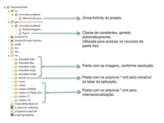 Única Activity do projeto.
Classe de constantes, gerada
automaticamente.
Utilizada para acessar os recursos da
pasta /res.
Pasta com as imagens, conforme resolução.
Pasta com os arquivos *.xml para construir
as telas da aplicação.
Pasta com os arquivos *.xml para
internacionalização.
 