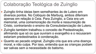 Colaboração Teológica de Zuínglio 
 Zuínglio tinha ideias bem semelhantes às de Lutero em 
diversos pontos. No Colóquio de Marburg, ambos diferiram 
apenas em relação à Ceia. Para Zuínglio, a Ceia era um 
memorial, uma comemoração da morte e ressurreição de 
Cristo, contrariando o ensino da Consubstanciação de Lutero. 
 Zuínglio também trabalhou o conceito de Predestinação, 
afirmando que só os que ouviram o evangelho e o recusaram 
estariam predestinados à condenação. 
 Quanto ao pecado original, Zuínglio cria que era uma doença 
moral, e não culpa. Por isso, entendia que as crianças podiam 
ser salvas sem a necessidade do batismo. 
 