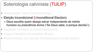 Soteriologia calvinista (TULIP) 
 Depravação Total (Total Depravity) 
 Eleição Incondicional (Unconditional Election) 
 Deus escolhe quem deseja salvar independente de mérito 
humano ou presciência divina (“Se Deus sabe, é porque decidiu”). 
 Expiação Limitada (Limited Atonement) 
 Graça Irresistível (Irresistible Grace) 
 Perseverança dos Santos (Perseverance of the Saints) 
 