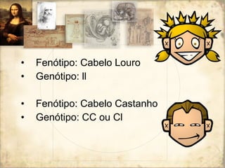 • Fenótipo: Cabelo Louro 
• Genótipo: ll 
• Fenótipo: Cabelo Castanho 
• Genótipo: CC ou Cl 
 