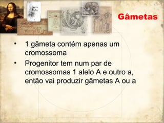 Gâmetas 
• 1 gâmeta contém apenas um 
cromossoma 
• Progenitor tem num par de 
cromossomas 1 alelo A e outro a, 
então vai produzir gâmetas A ou a 
 