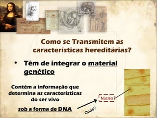 Como se Transmitem as 
características hereditárias? 
• Têm de integrar o material 
genético 
Contém a informação que 
determina as características 
do ser vivo 
sob a forma de DNA 
Onde? 
Núcleo 
 