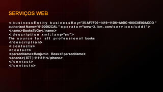 SERVIÇOS WEB
< b u s i n e s s E n t i t y b u s i n e s s K e y=”35 AF7F00−1419−11D6−A0DC−000C0E00ACDD ”
authorized Name=”0100002CAL ” o p e r a t o r=”www−3. ibm . com/ s e r v i c e s / u d d i ”>
<name>BooksToGo</ name>
< d e s c r i p t i o n x m l : l a n g=”en ”>
The s o u r c e f o r a l l p r o f e s s i o n a l books
</ d e s c r i p t i o n>
< c o n t a c t s>
<c o n t a c t>
<personName>Benjamin Boss</ personName>
<phone>( 877 ) 1111111</ phone>
</ c o n t a c t>
</ c o n t a c t s>
 